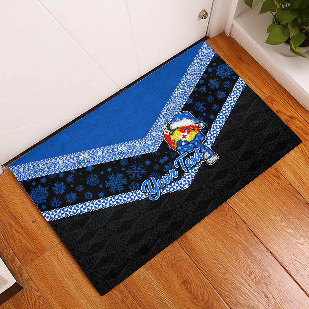 Personalised Tonga Christmas Rubber Doormat Tongan Coat of Arms Santa With Ngatu Pattern Christmas Blue Style LT03 Blue - Polynesian Pride