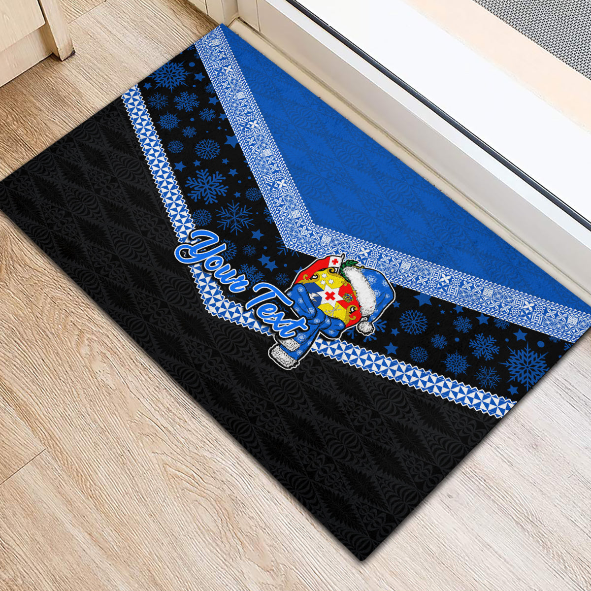 Personalised Tonga Christmas Rubber Doormat Tongan Coat of Arms Santa With Ngatu Pattern Christmas Blue Style LT03 - Polynesian Pride
