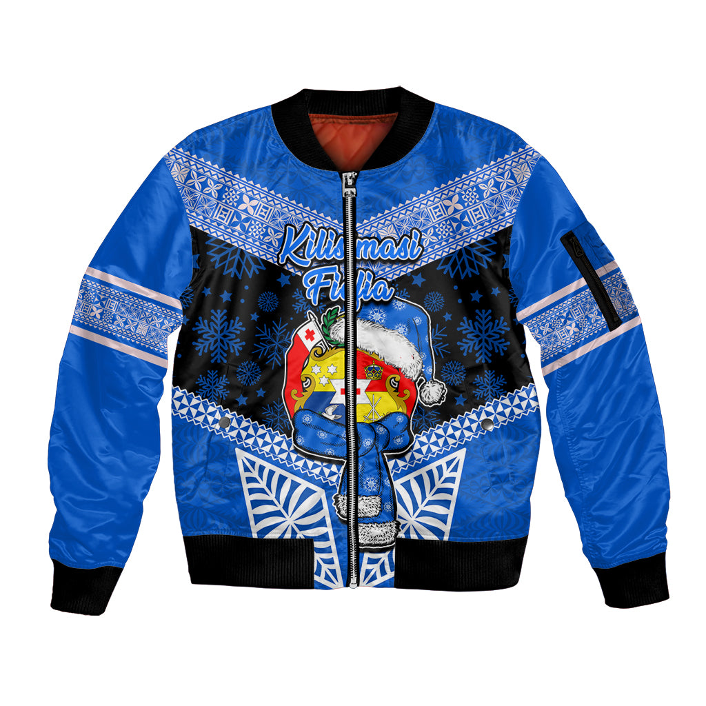 Personalised Tonga Christmas Sleeve Zip Bomber Jacket Tongan Coat of Arms Santa With Ngatu Pattern Christmas Blue Style LT03 Unisex Blue - Polynesian Pride