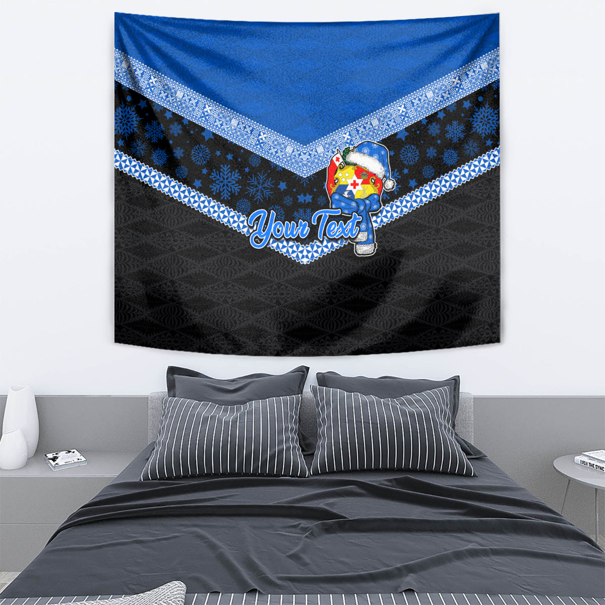 Personalised Tonga Christmas Tapestry Tongan Coat of Arms Santa With Ngatu Pattern Christmas Blue Style LT03 - Polynesian Pride