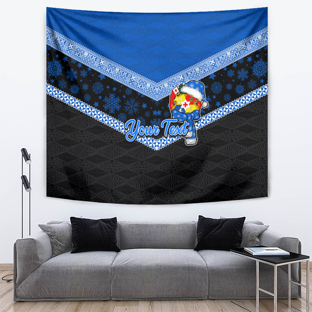 Personalised Tonga Christmas Tapestry Tongan Coat of Arms Santa With Ngatu Pattern Christmas Blue Style LT03 - Polynesian Pride