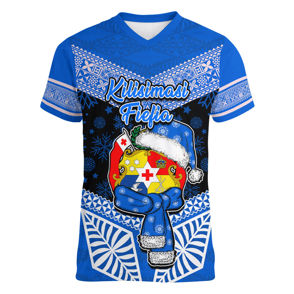 Personalised Tonga Christmas Women V Neck T Shirt Tongan Coat of Arms Santa With Ngatu Pattern Christmas Blue Style LT03 Female Blue - Polynesian Pride
