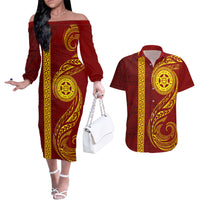 Tonga Ha'apai High School Couples Matching Off The Shoulder Long Sleeve Dress and Hawaiian Shirt Ngatu and Maori Ethnic Tribal Pattern LT03 Red - Polynesian Pride