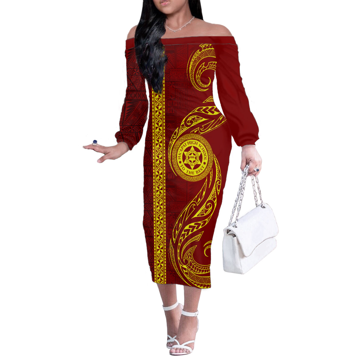 Tonga Ha'apai High School Family Matching Off Shoulder Long Sleeve Dress and Hawaiian Shirt Ngatu and Maori Ethnic Tribal Pattern LT03 Mom's Dress Red - Polynesian Pride