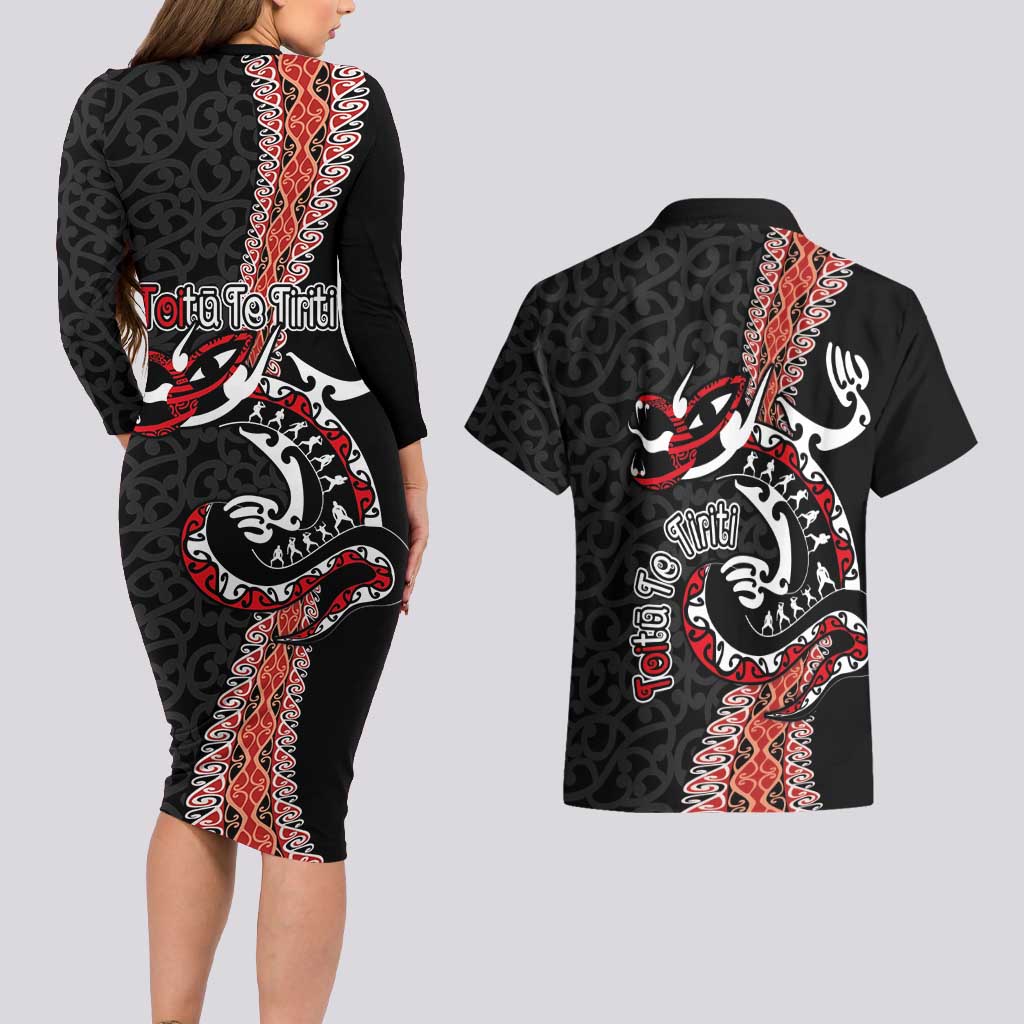 Aotearoa Toitu Te Tiriti Couples Matching Long Sleeve Bodycon Dress and Hawaiian Shirt Maori Taniwha Haka - Honour the Treaty LT03