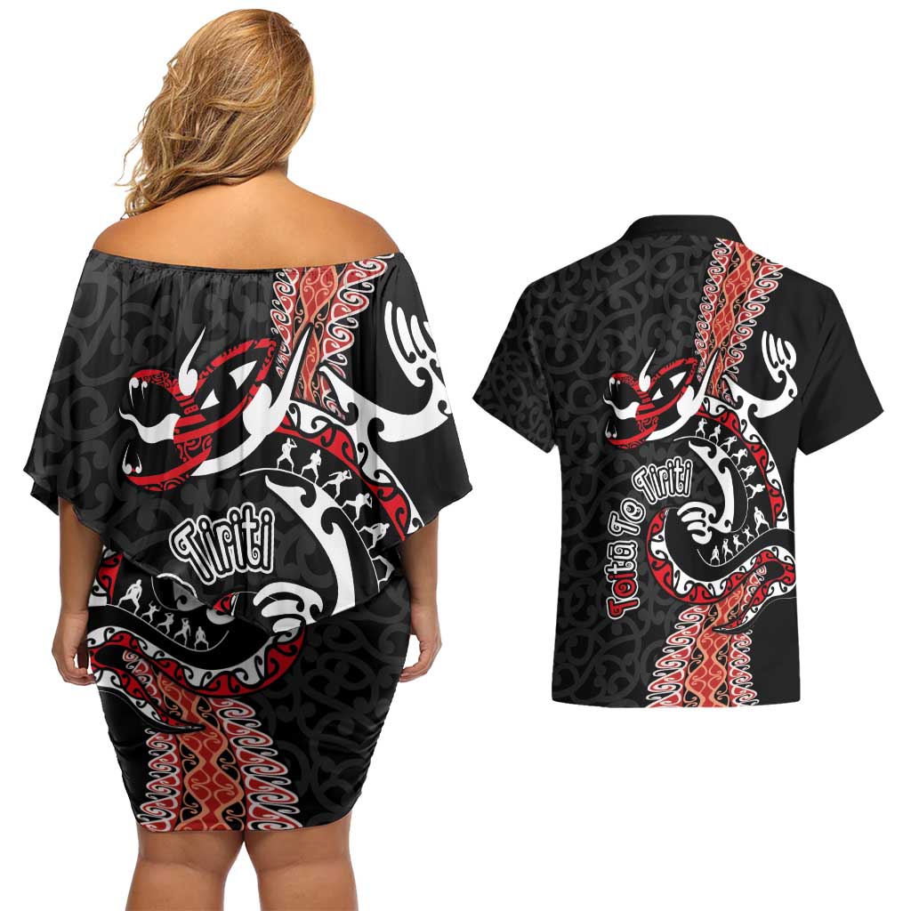 Aotearoa Toitu Te Tiriti Couples Matching Off Shoulder Short Dress and Hawaiian Shirt Maori Taniwha Haka - Honour the Treaty LT03
