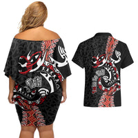 Aotearoa Toitu Te Tiriti Couples Matching Off Shoulder Short Dress and Hawaiian Shirt Maori Taniwha Haka - Honour the Treaty LT03