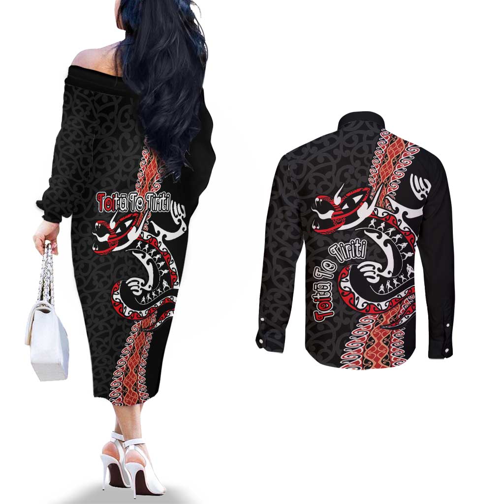 Aotearoa Toitu Te Tiriti Couples Matching Off The Shoulder Long Sleeve Dress and Long Sleeve Button Shirt Maori Taniwha Haka - Honour the Treaty LT03