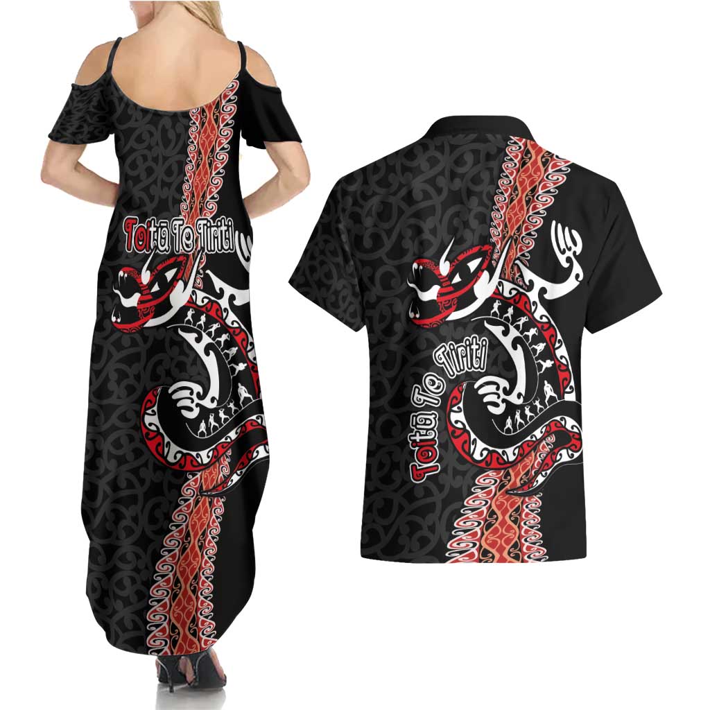 Aotearoa Toitu Te Tiriti Couples Matching Summer Maxi Dress and Hawaiian Shirt Maori Taniwha Haka - Honour the Treaty LT03