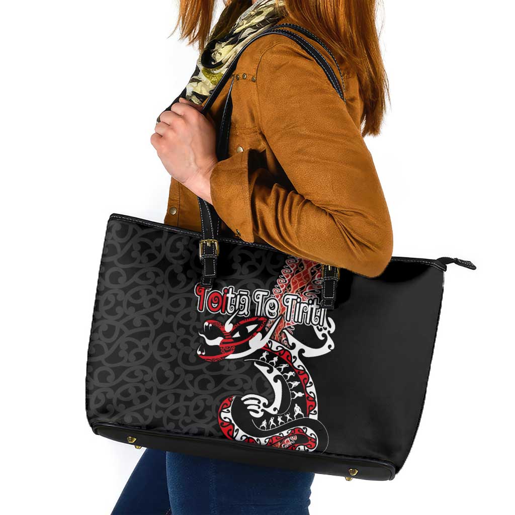 Aotearoa Toitu Te Tiriti Leather Tote Bag Maori Taniwha Haka - Honour the Treaty LT03