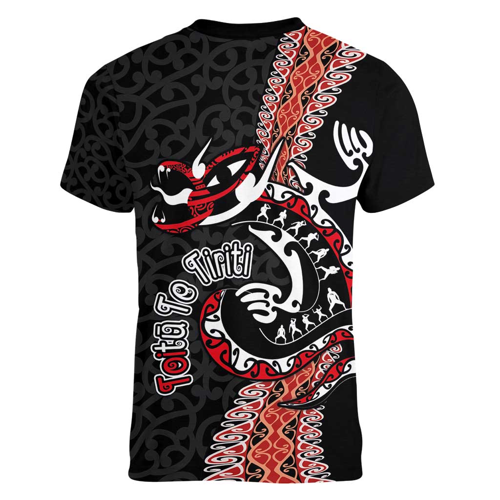 Aotearoa Toitu Te Tiriti Women V-Neck T-Shirt Maori Taniwha Haka - Honour the Treaty LT03