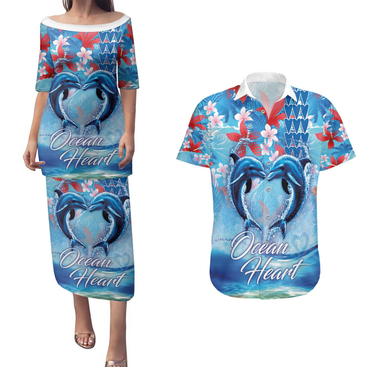 Hawaiian Dolphin Love Couple - Ocean Heart Couples Matching Puletasi and Hawaiian Shirt