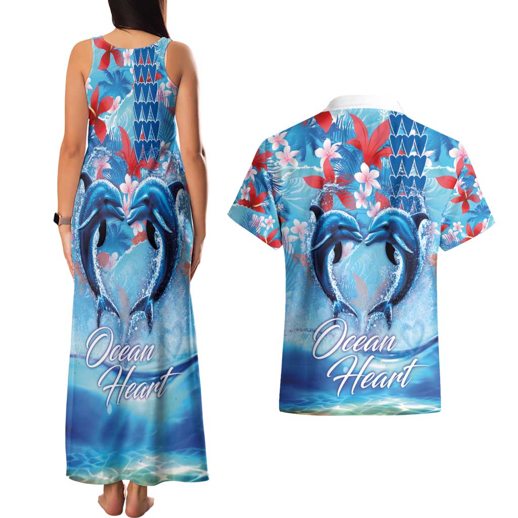 Hawaiian Dolphin Love Couple - Ocean Heart Couples Matching Tank Maxi Dress and Hawaiian Shirt