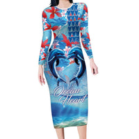 Hawaiian Dolphin Love Couple - Ocean Heart Family Matching Long Sleeve Bodycon Dress and Hawaiian Shirt
