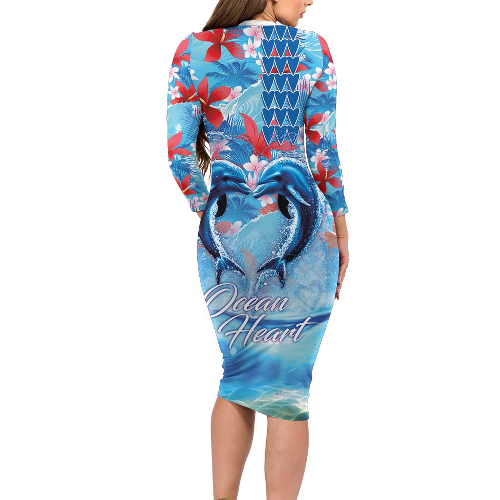 Hawaiian Dolphin Love Couple - Ocean Heart Family Matching Long Sleeve Bodycon Dress and Hawaiian Shirt