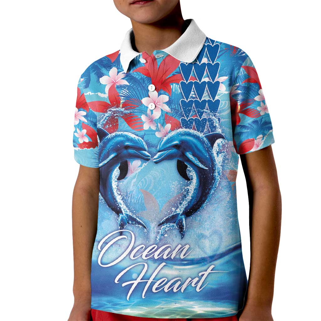 Hawaiian Dolphin Love Couple - Ocean Heart Kid Polo Shirt LT03 Kid Blue - Polynesian Pride