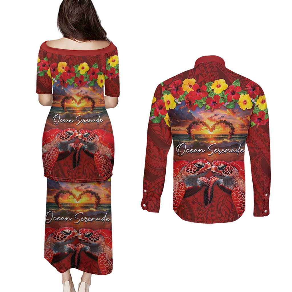 Hawaiian Turtle Love Couple Couples Matching Puletasi and Long Sleeve Button Shirt Ocean Serenade - Honu Honi Ihu with Hibiscus and Romantic Sunset Red Color