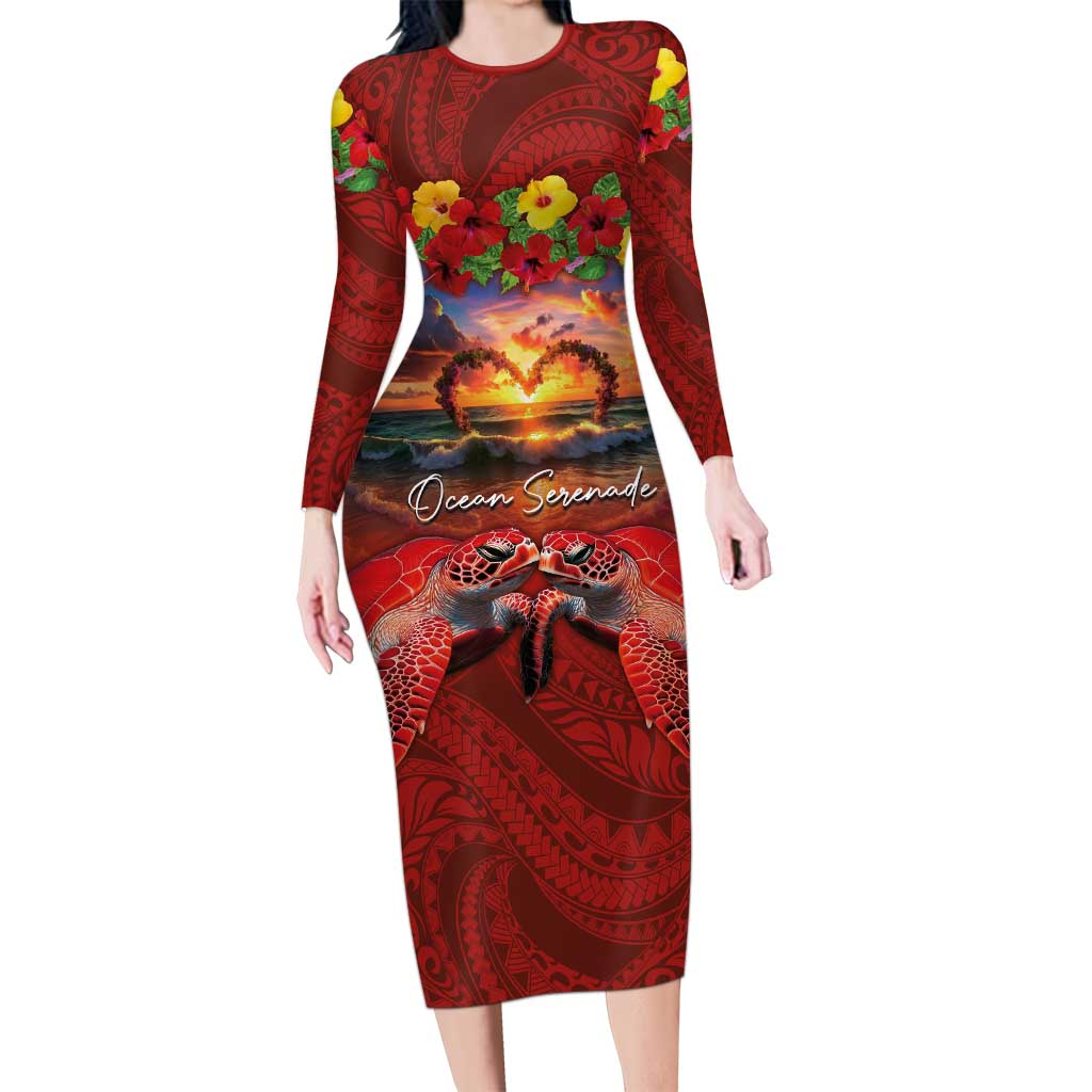 Hawaiian Turtle Love Couple Family Matching Long Sleeve Bodycon Dress and Hawaiian Shirt Ocean Serenade - Honu Honi Ihu with Hibiscus and Romantic Sunset Red Color