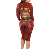 Hawaiian Turtle Love Couple Family Matching Long Sleeve Bodycon Dress and Hawaiian Shirt Ocean Serenade - Honu Honi Ihu with Hibiscus and Romantic Sunset Red Color