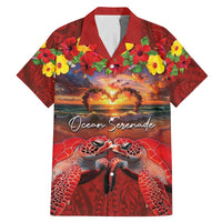Hawaiian Turtle Love Couple Family Matching Mermaid Dress and Hawaiian Shirt Ocean Serenade - Honu Honi Ihu with Hibiscus and Romantic Sunset Red Color