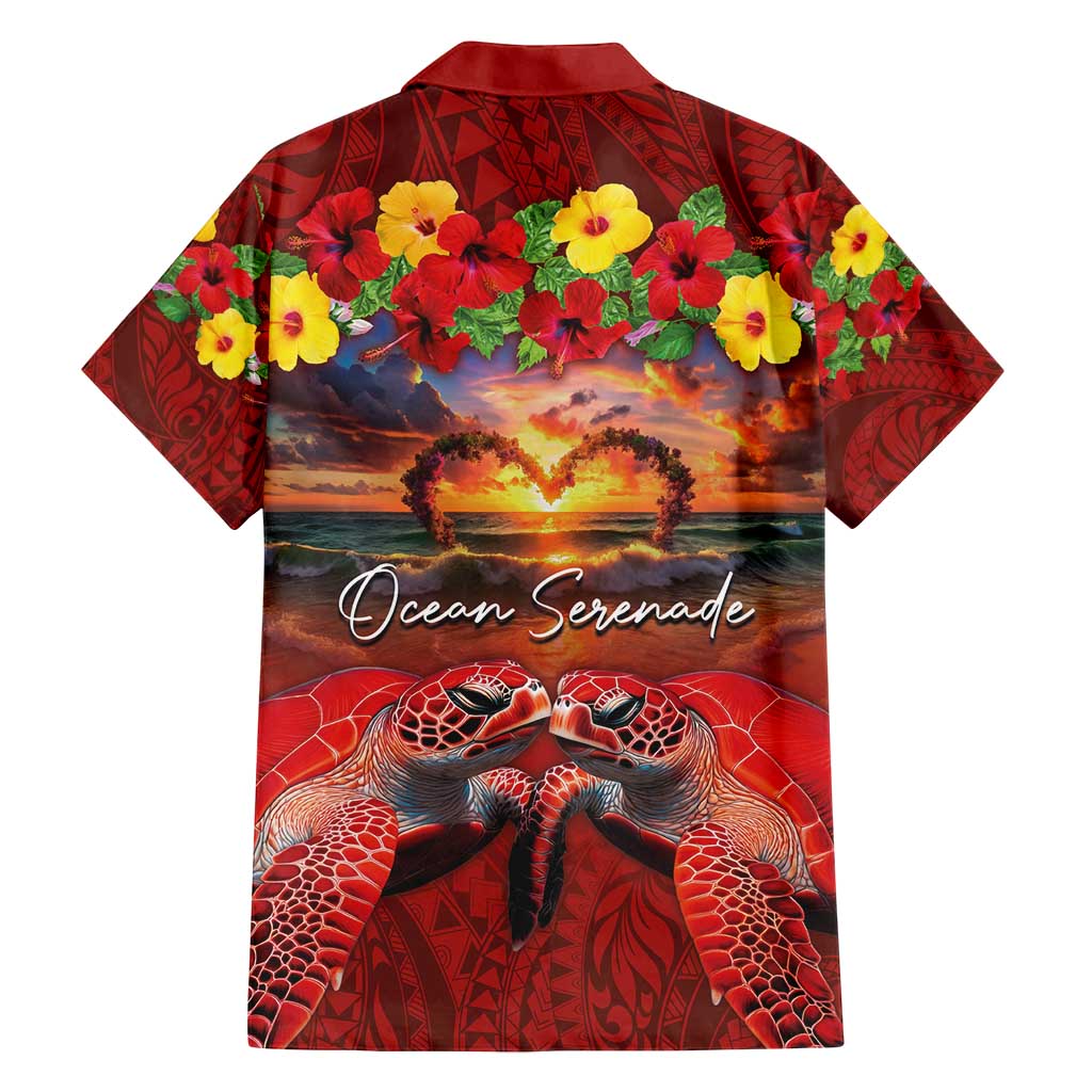 Hawaiian Turtle Love Couple Family Matching Off Shoulder Short Dress and Hawaiian Shirt Ocean Serenade - Honu Honi Ihu with Hibiscus and Romantic Sunset Red Color
