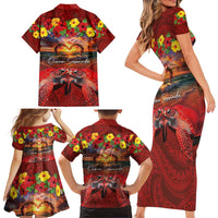 Hawaiian Turtle Love Couple Family Matching Short Sleeve Bodycon Dress and Hawaiian Shirt Ocean Serenade - Honu Honi Ihu with Hibiscus and Romantic Sunset Red Color