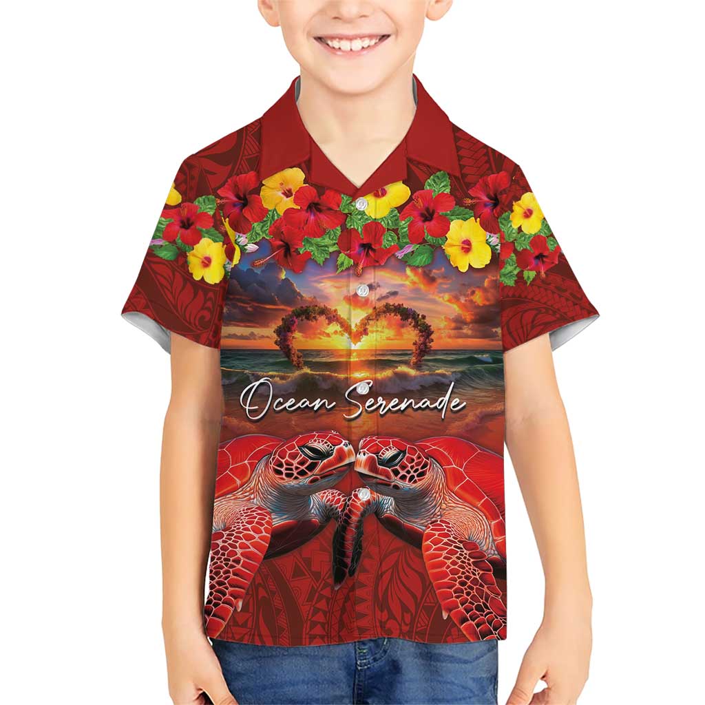 Hawaiian Turtle Love Couple Family Matching Short Sleeve Bodycon Dress and Hawaiian Shirt Ocean Serenade - Honu Honi Ihu with Hibiscus and Romantic Sunset Red Color