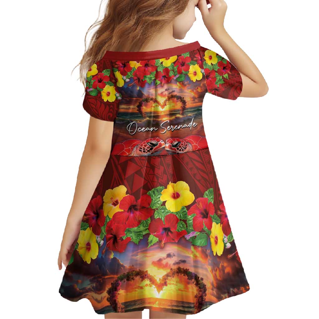 Hawaiian Turtle Love Couple Family Matching Summer Maxi Dress and Hawaiian Shirt Ocean Serenade - Honu Honi Ihu with Hibiscus and Romantic Sunset Red Color
