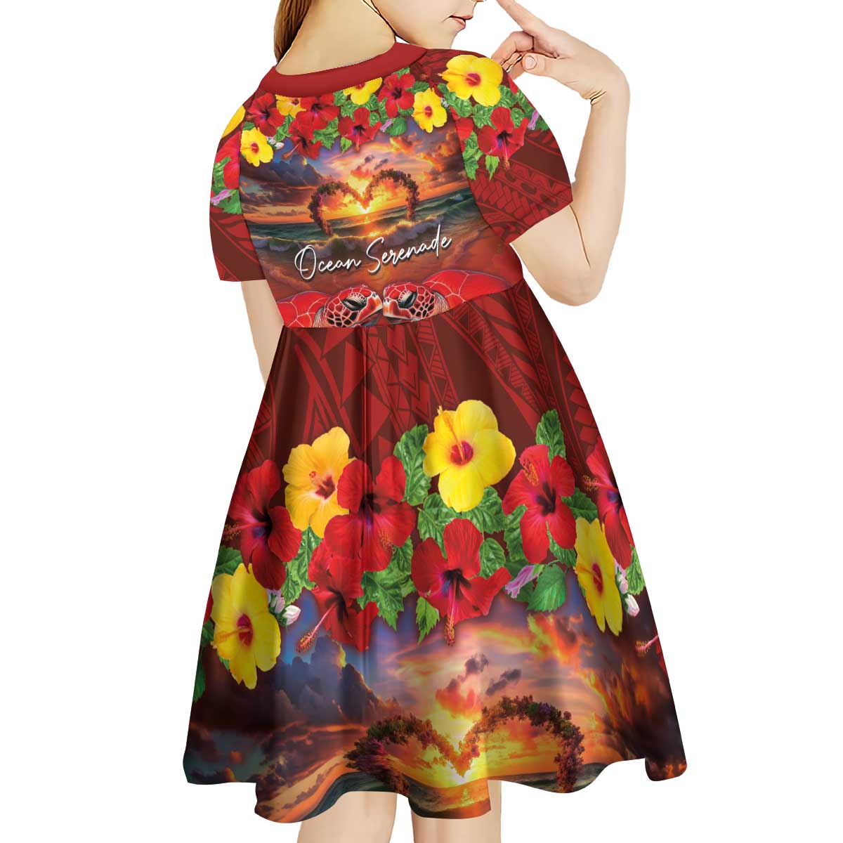 Hawaiian Turtle Love Couple Kid Short Sleeve Dress Ocean Serenade - Honu Honi Ihu with Hibiscus and Romantic Sunset Red Color