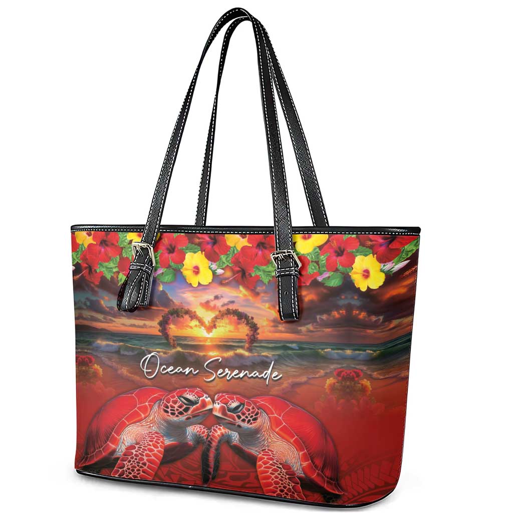Hawaiian Turtle Love Couple Leather Tote Bag Ocean Serenade - Honu Honi Ihu with Hibiscus and Romantic Sunset Red Color
