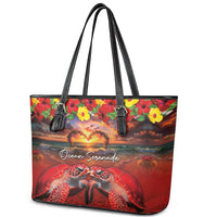 Hawaiian Turtle Love Couple Leather Tote Bag Ocean Serenade - Honu Honi Ihu with Hibiscus and Romantic Sunset Red Color