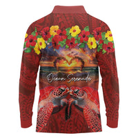 Hawaiian Turtle Love Couple Long Sleeve Polo Shirt Ocean Serenade - Honu Honi Ihu with Hibiscus and Romantic Sunset Red Color