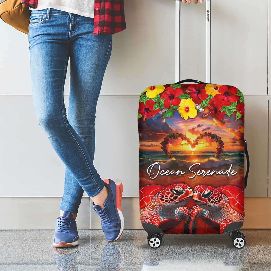 Hawaiian Turtle Love Couple Luggage Cover Ocean Serenade - Honu Honi Ihu with Hibiscus and Romantic Sunset Red Color