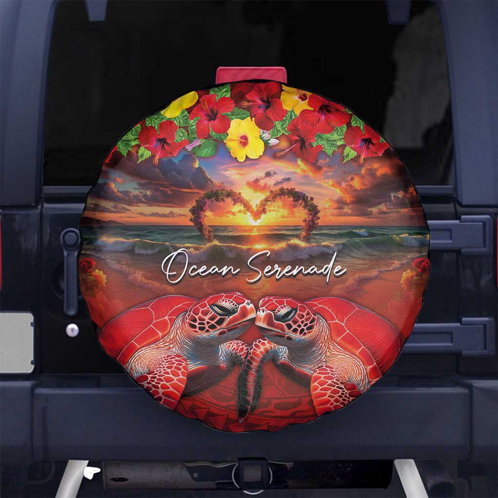 Hawaiian Turtle Love Couple Spare Tire Cover Ocean Serenade - Honu Honi Ihu with Hibiscus and Romantic Sunset Red Color