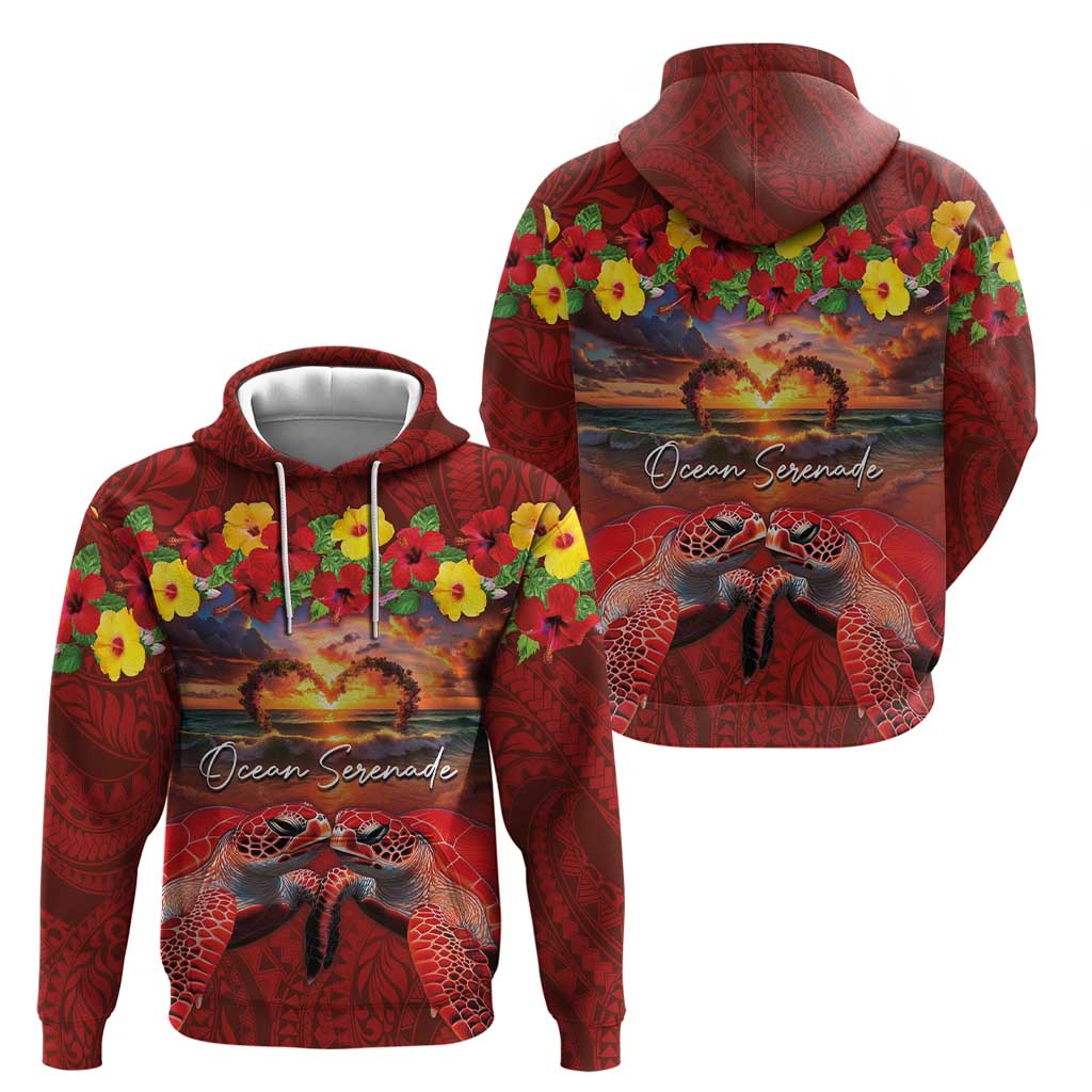 Hawaiian Turtle Love Couple Zip Hoodie Ocean Serenade - Honu Honi Ihu with Hibiscus and Romantic Sunset Red Color