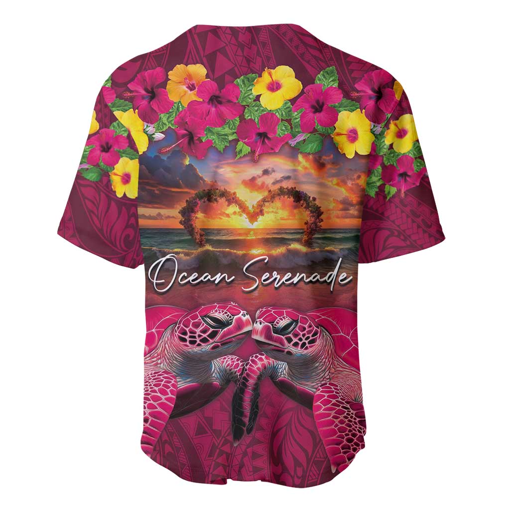 Hawaiian Turtle Love Couple Baseball Jersey Ocean Serenade - Honu Honi Ihu with Hibiscus and Romantic Sunset Pink Color
