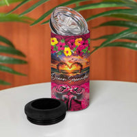 Hawaiian Turtle Love Couple 4 in 1 Can Cooler Tumbler Ocean Serenade - Honu Honi Ihu with Hibiscus and Romantic Sunset Pink Color