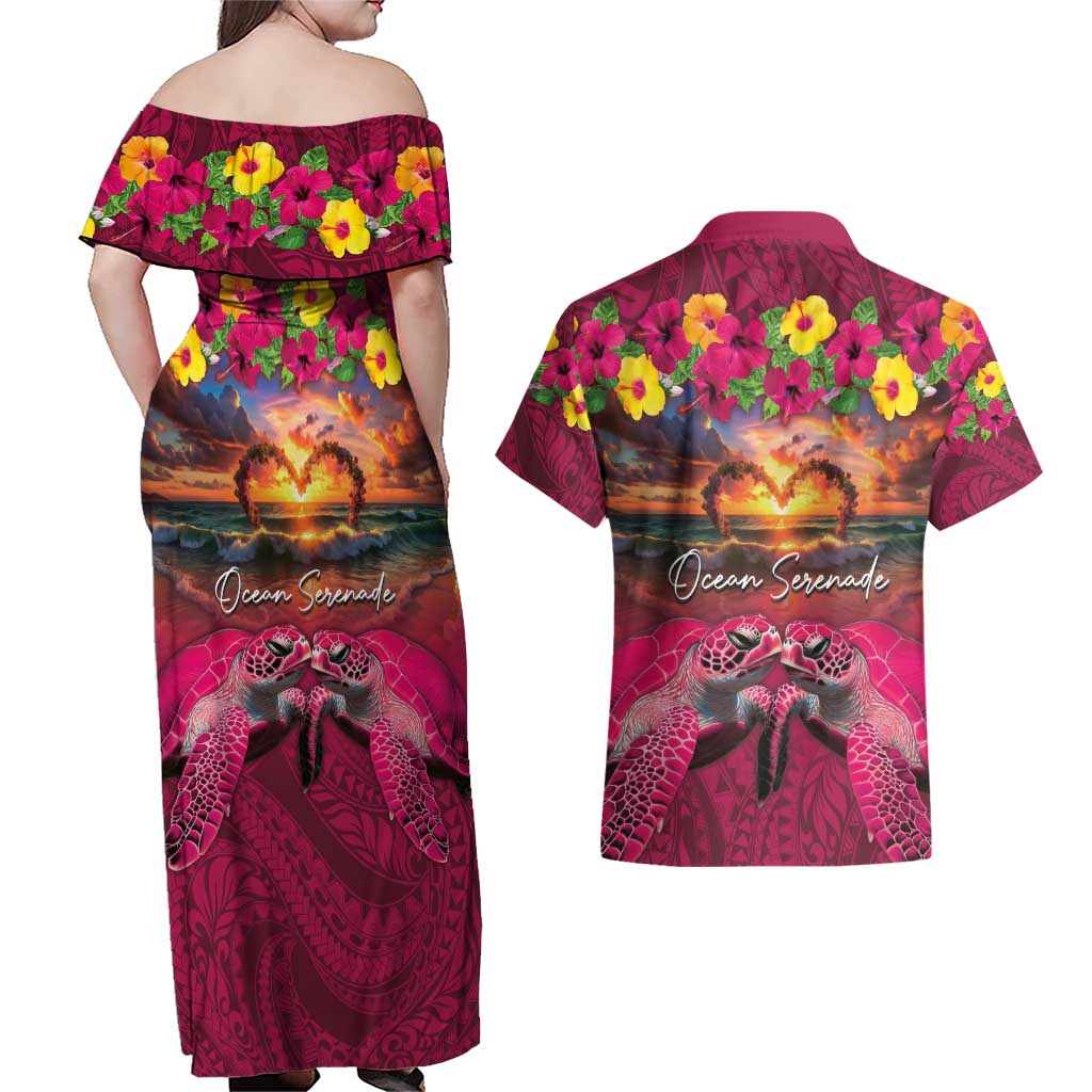 Hawaiian Turtle Love Couple Couples Matching Off Shoulder Maxi Dress and Hawaiian Shirt Ocean Serenade - Honu Honi Ihu with Hibiscus and Romantic Sunset Pink Color