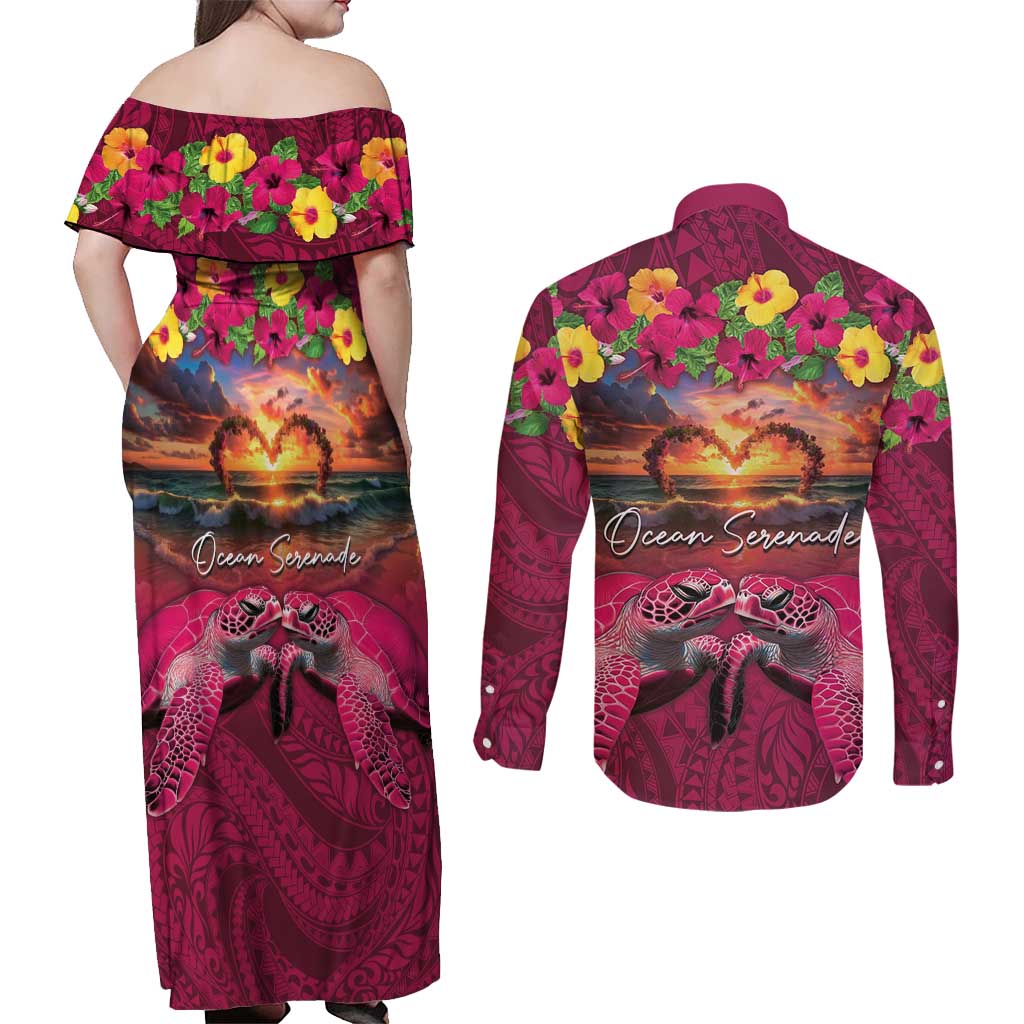 Hawaiian Turtle Love Couple Couples Matching Off Shoulder Maxi Dress and Long Sleeve Button Shirt Ocean Serenade - Honu Honi Ihu with Hibiscus and Romantic Sunset Pink Color