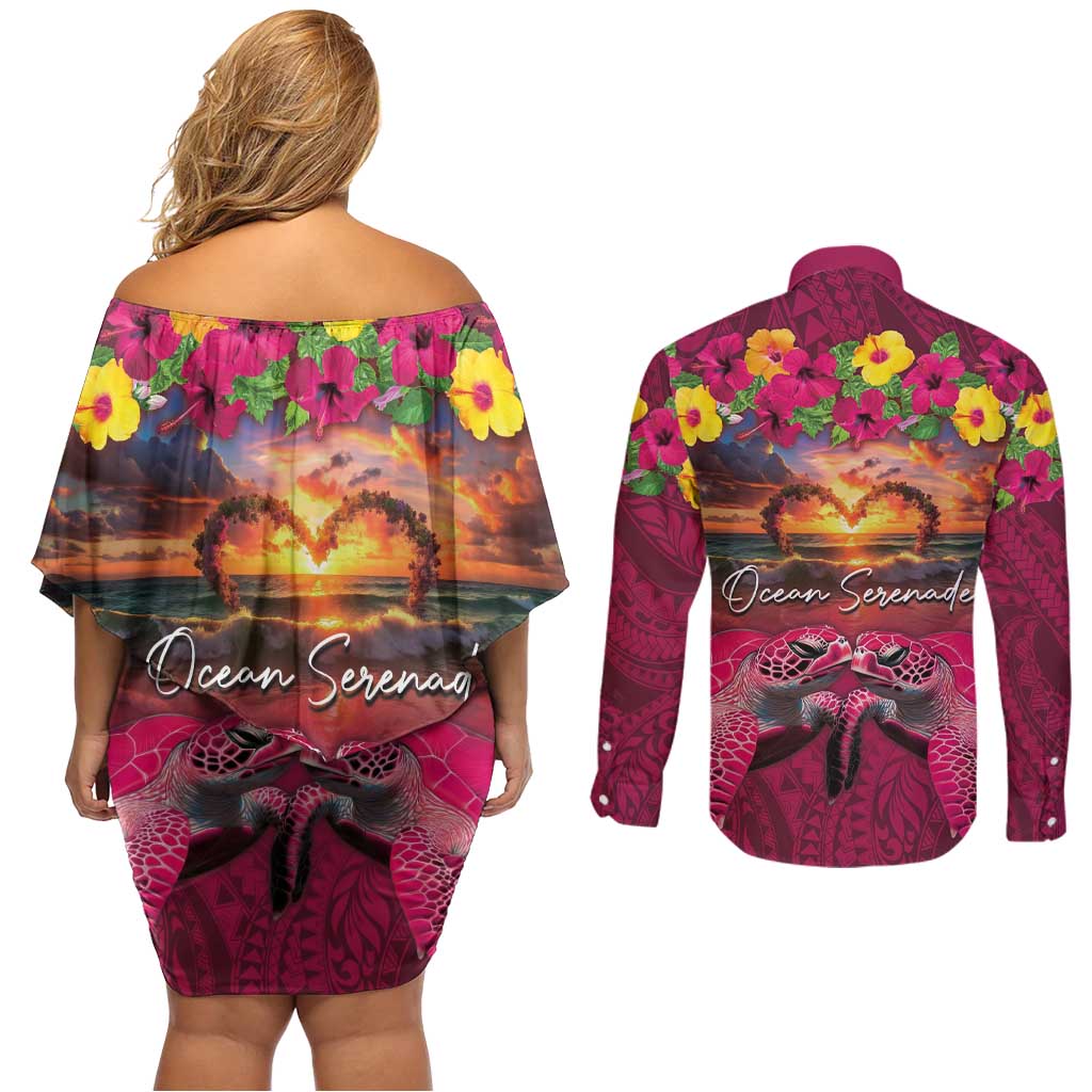 Hawaiian Turtle Love Couple Couples Matching Off Shoulder Short Dress and Long Sleeve Button Shirt Ocean Serenade - Honu Honi Ihu with Hibiscus and Romantic Sunset Pink Color