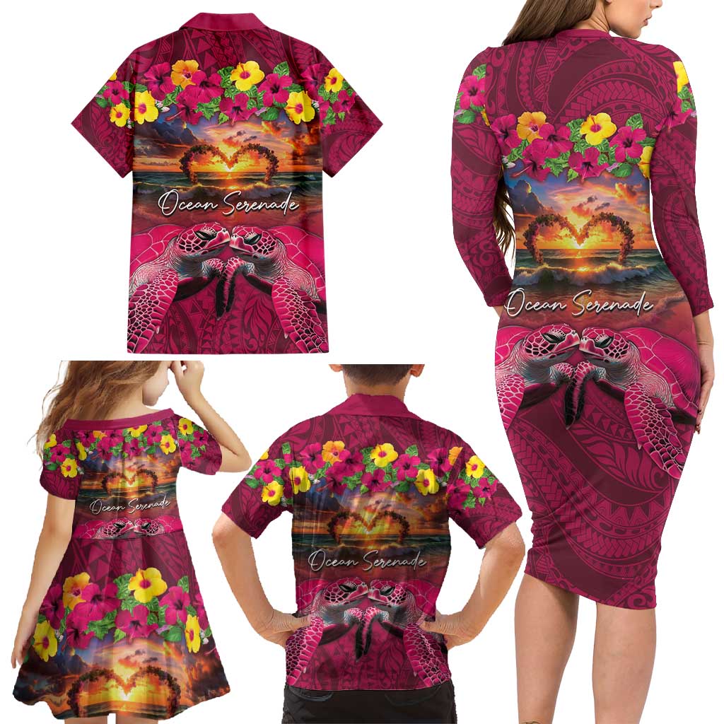 Hawaiian Turtle Love Couple Family Matching Long Sleeve Bodycon Dress and Hawaiian Shirt Ocean Serenade - Honu Honi Ihu with Hibiscus and Romantic Sunset Pink Color