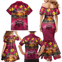 Hawaiian Turtle Love Couple Family Matching Mermaid Dress and Hawaiian Shirt Ocean Serenade - Honu Honi Ihu with Hibiscus and Romantic Sunset Pink Color