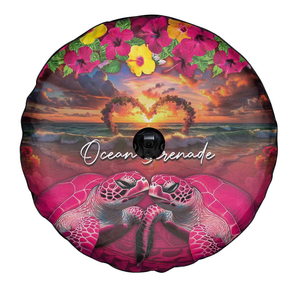 Hawaiian Turtle Love Couple Spare Tire Cover Ocean Serenade - Honu Honi Ihu with Hibiscus and Romantic Sunset Pink Color