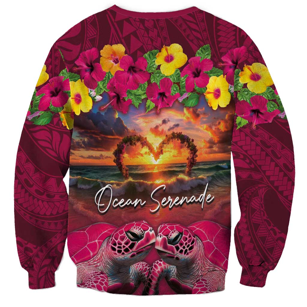 Hawaiian Turtle Love Couple Sweatshirt Ocean Serenade - Honu Honi Ihu with Hibiscus and Romantic Sunset Pink Color