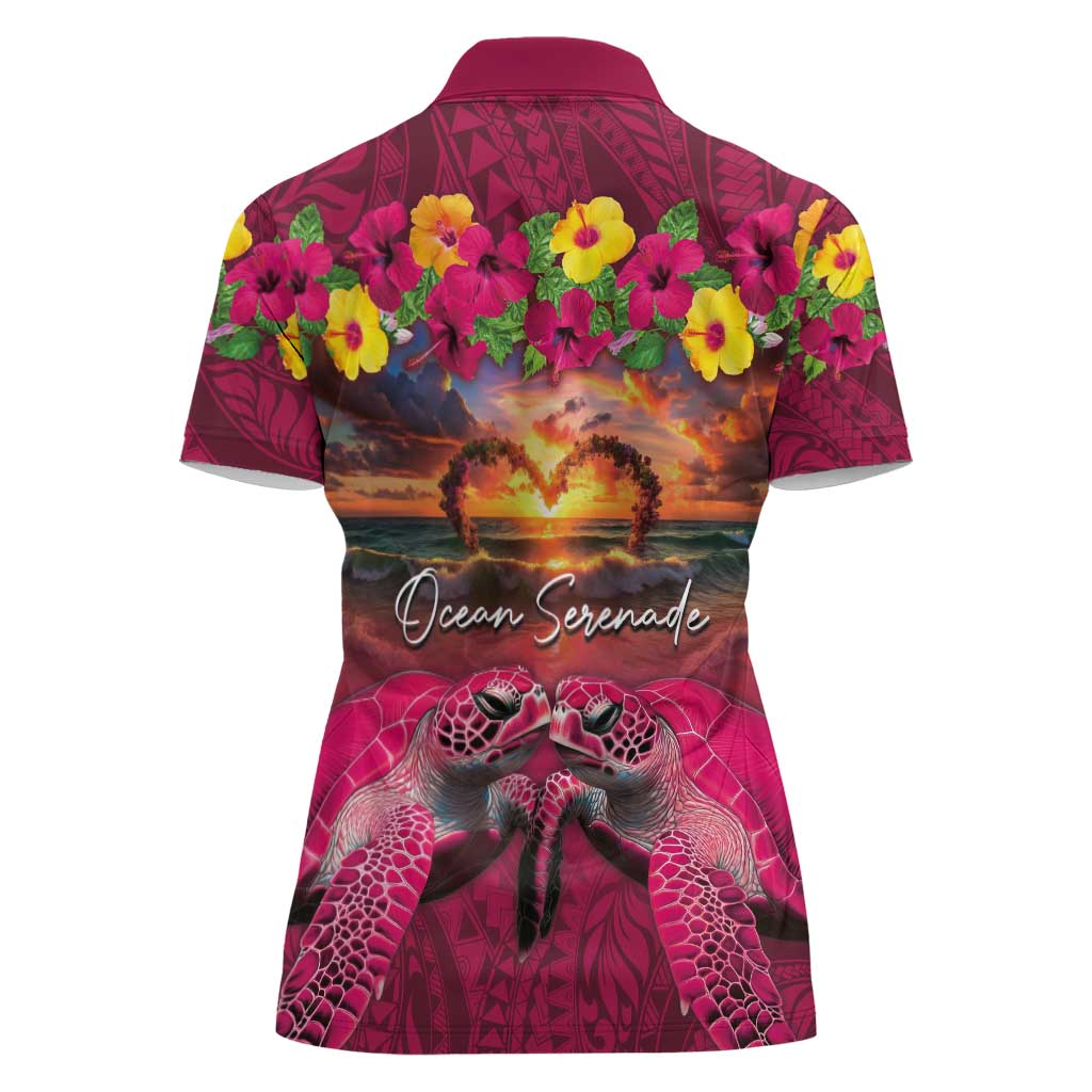 Hawaiian Turtle Love Couple Women Polo Shirt Ocean Serenade - Honu Honi Ihu with Hibiscus and Romantic Sunset Pink Color