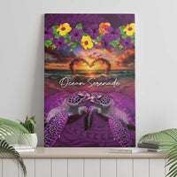 Hawaiian Turtle Love Couple Canvas Wall Art Ocean Serenade - Honu Honi Ihu with Hibiscus and Romantic Sunset Purple Color