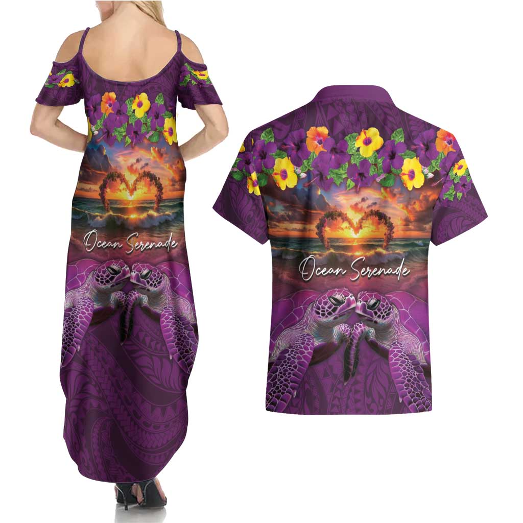 Hawaiian Turtle Love Couple Couples Matching Summer Maxi Dress and Hawaiian Shirt Ocean Serenade - Honu Honi Ihu with Hibiscus and Romantic Sunset Purple Color