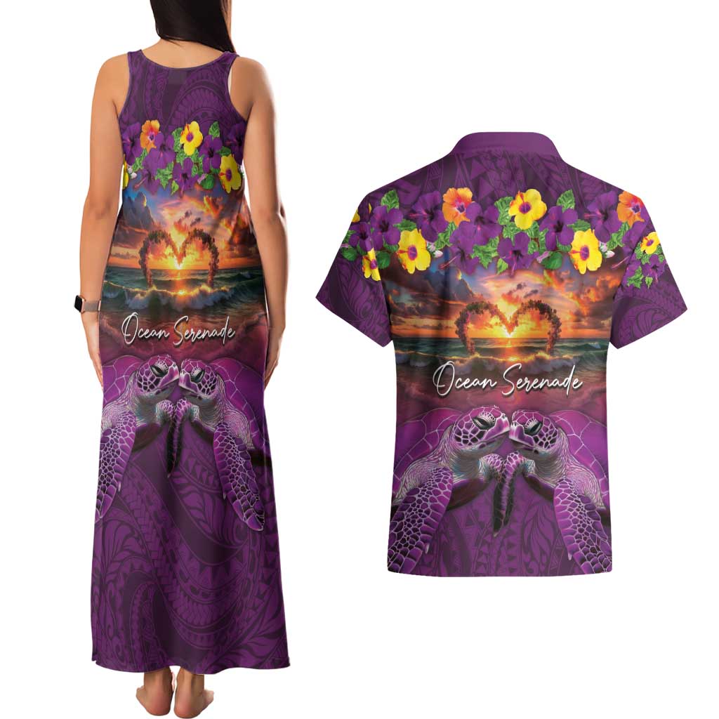 Hawaiian Turtle Love Couple Couples Matching Tank Maxi Dress and Hawaiian Shirt Ocean Serenade - Honu Honi Ihu with Hibiscus and Romantic Sunset Purple Color