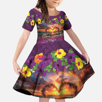 Hawaiian Turtle Love Couple Family Matching Long Sleeve Bodycon Dress and Hawaiian Shirt Ocean Serenade - Honu Honi Ihu with Hibiscus and Romantic Sunset Purple Color