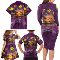Hawaiian Turtle Love Couple Family Matching Long Sleeve Bodycon Dress and Hawaiian Shirt Ocean Serenade - Honu Honi Ihu with Hibiscus and Romantic Sunset Purple Color